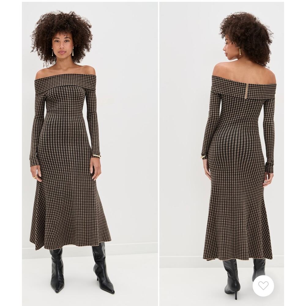 LE BOP Gingham Knit Off Shoulder Dress Chocolate/Black Size large